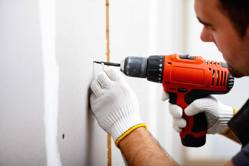 Professional installing new drywall